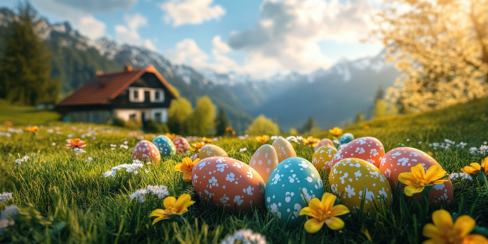 Colorful decorated eggs scattered in a sunny meadow with snow-capped mountains in the background during springtime